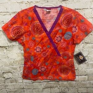 NWT Dickies Orange Purple Floral Print V Neck Scrub Top